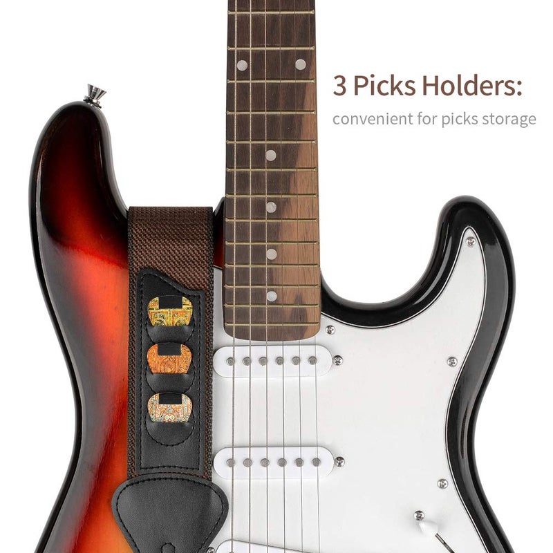 BestSounds Guitar Strap,100% Soft Cotton Guitar Strap with 3 Pick Holders Shoulder Strap For Bass Electric & Acoustic Guitars (Coffee) - Image 4